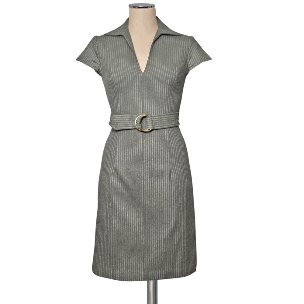 Vintage TOCCA Wool Belted Gray Pinstripe Zip Back Dress 2 90's Y2K